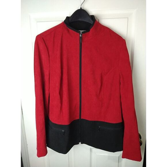 JM Collection Woman 14 Blazer Red Black Colorblock Zip Front /Pockets Suede Feel - Picture 2 of 9